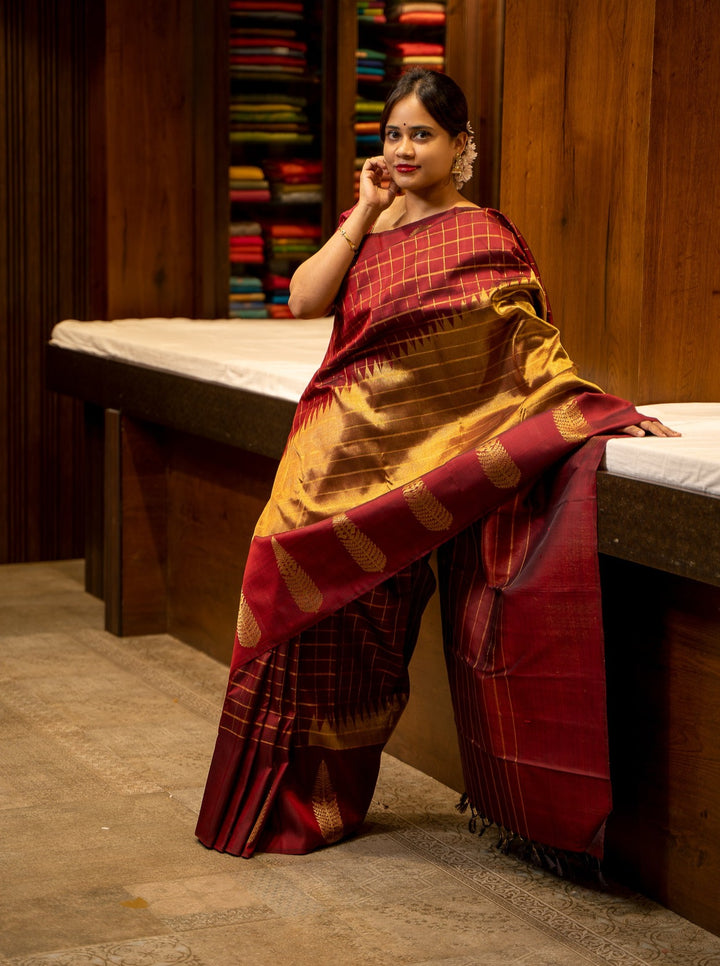 Maroon Rising Checks Pure Kanjivaram Silk Saree
