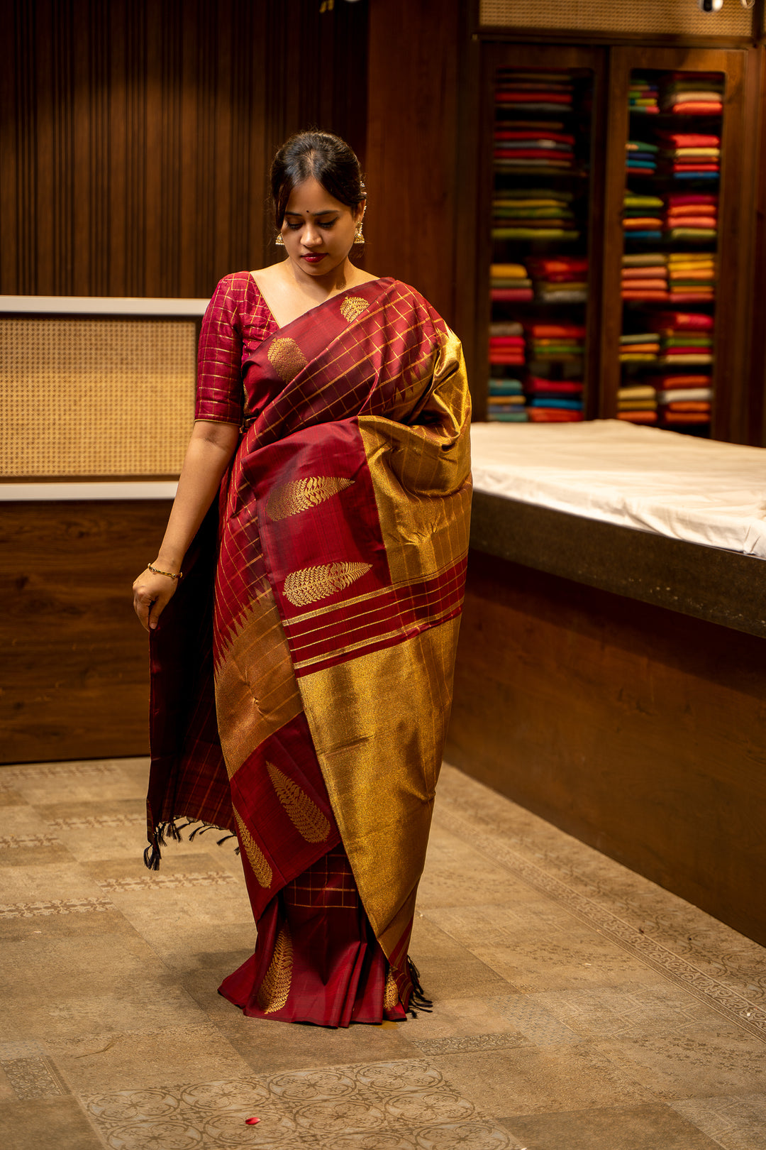 Maroon Rising Checks Pure Kanjivaram Silk Sari - Clio Silks