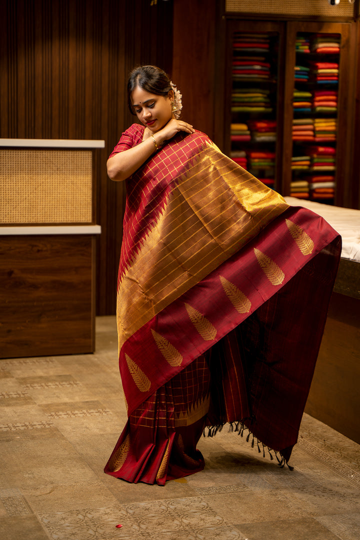 Maroon Rising Checks Pure Kanjivaram Silk Sari - Clio Silks