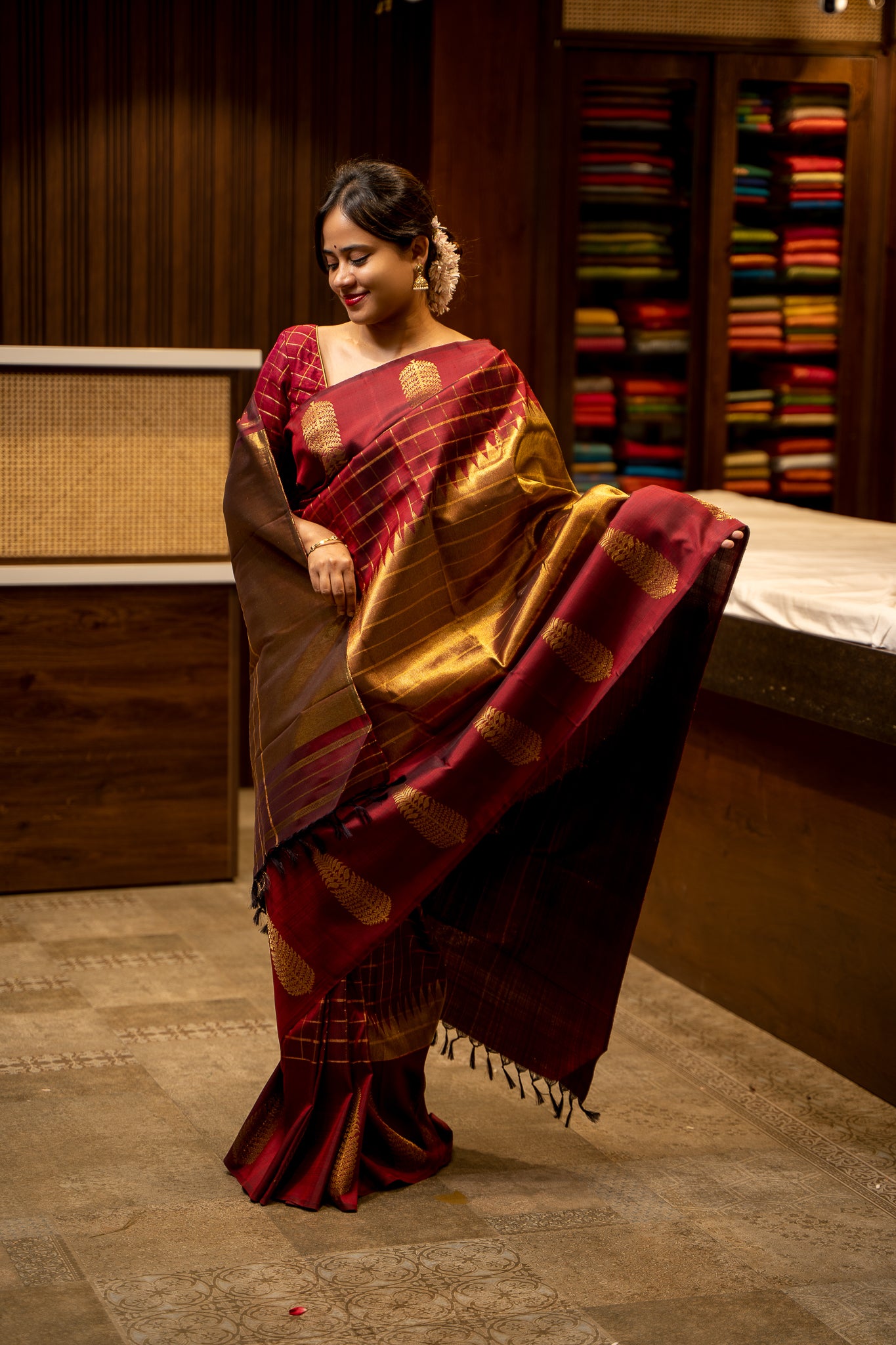 Maroon Rising Checks Pure Kanjivaram Silk Sari - Clio Silks