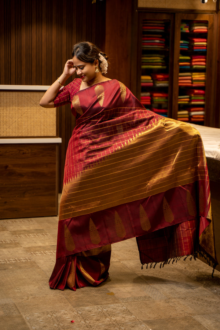 Maroon Rising Checks Pure Kanjivaram Silk Sari - Clio Silks