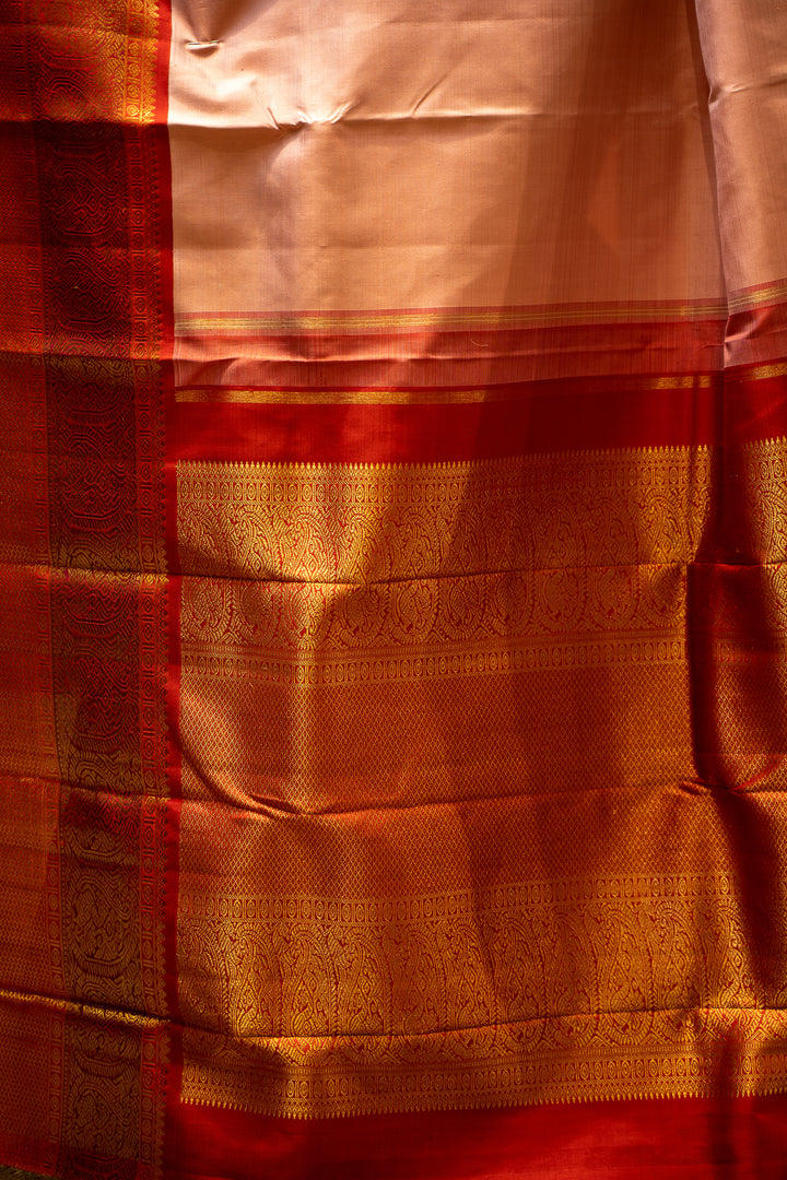Pastel Pink and Red Pure Zari Kanjivaram Silk Sari - Clio Silks