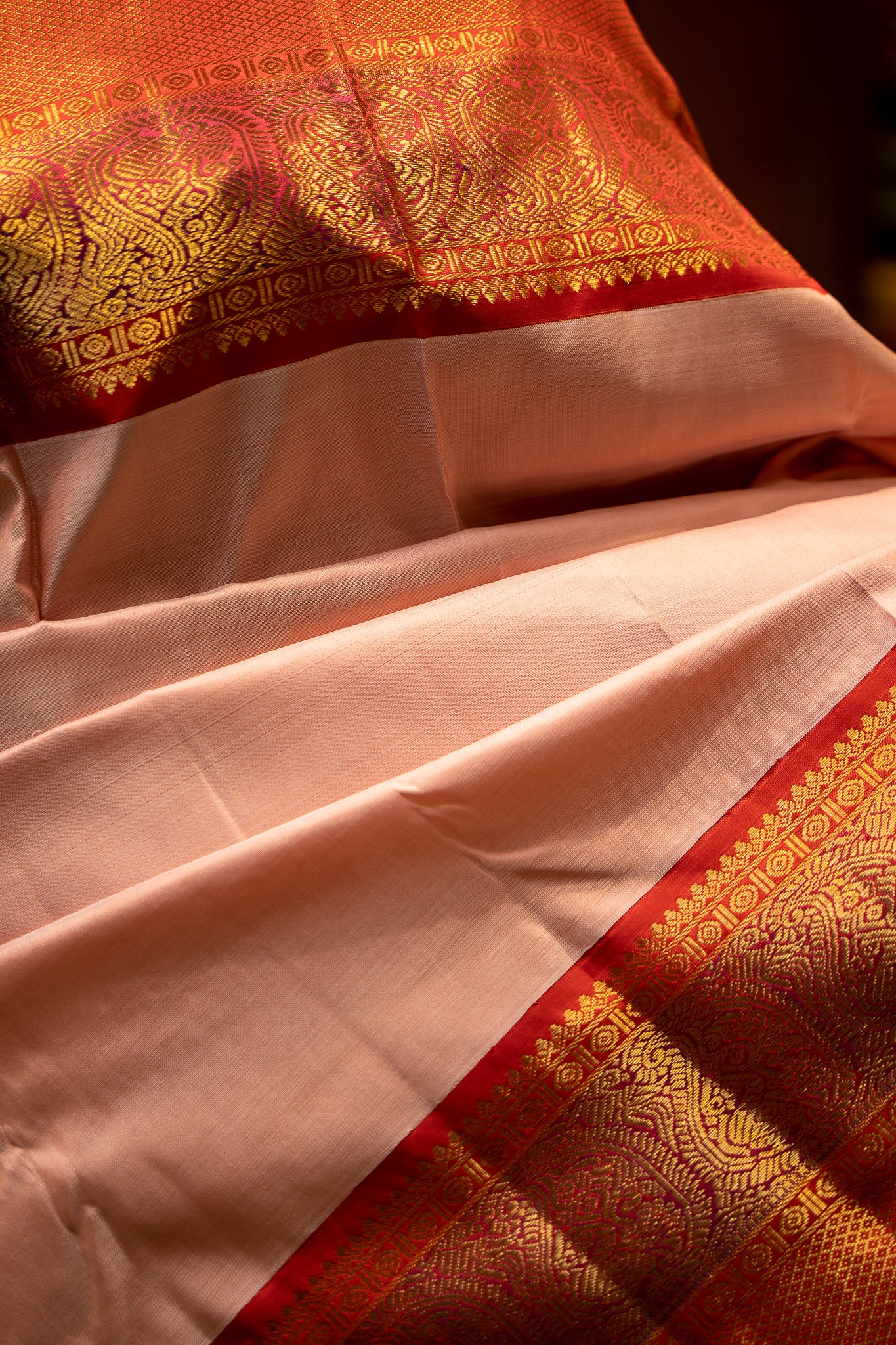 Pastel Pink and Red Pure Zari Kanjivaram Silk Sari - Clio Silks