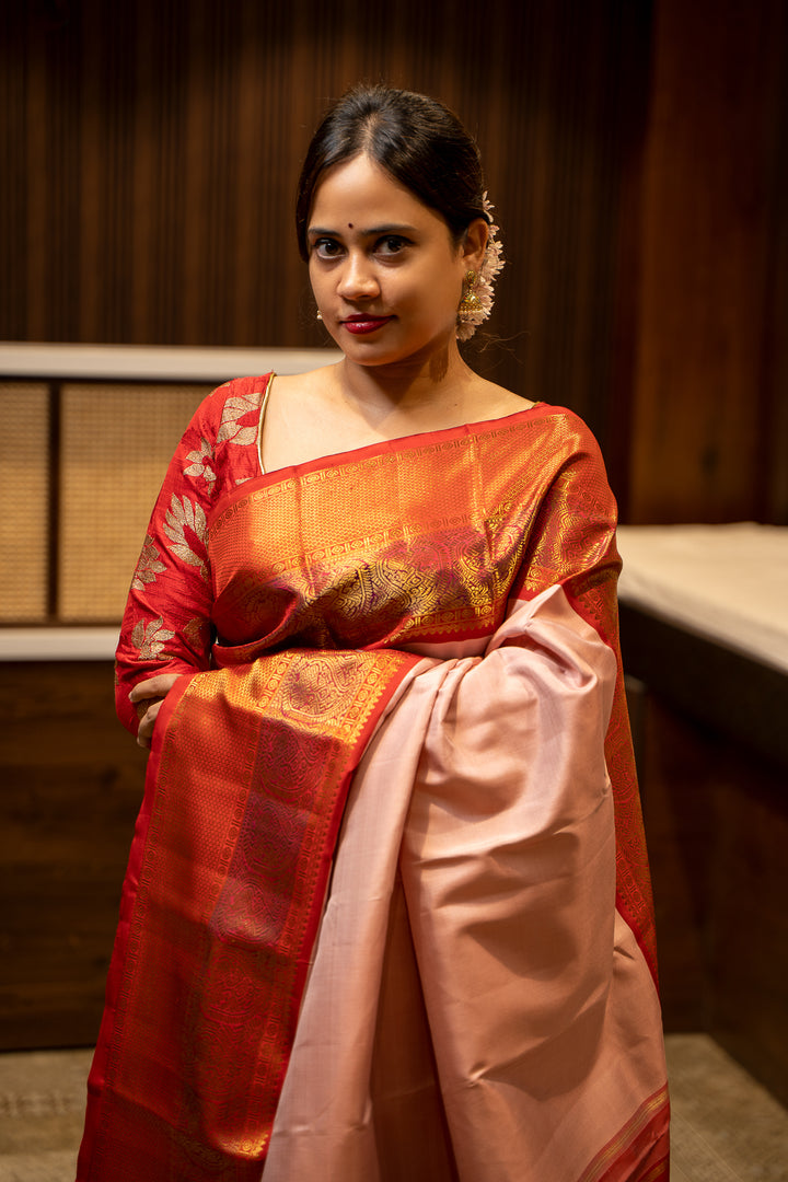 Pastel Pink and Red Pure Zari Kanjivaram Silk Sari - Clio Silks