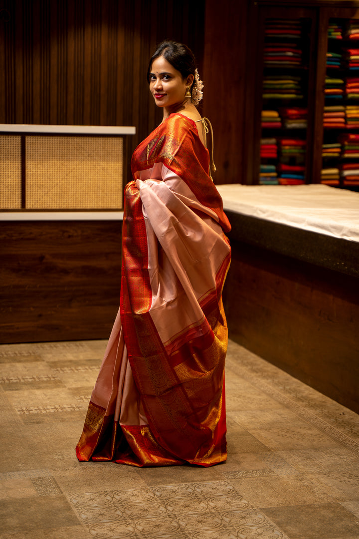 Pastel Pink and Red Pure Zari Kanjivaram Silk Sari - Clio Silks