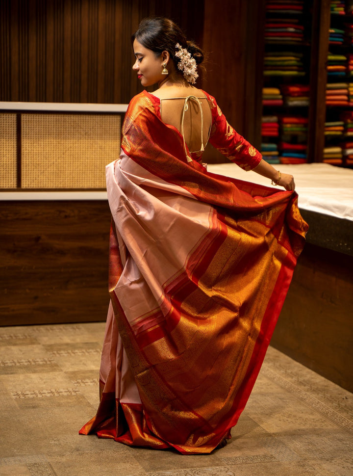 Pastel Pink and Red Pure Zari Kanjivaram Silk Sari - Clio Silks