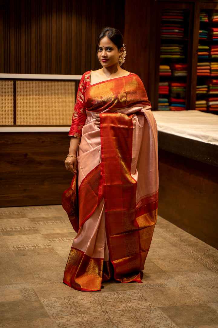 Pastel Pink and Red Pure Zari Kanjivaram Silk Sari - Clio Silks