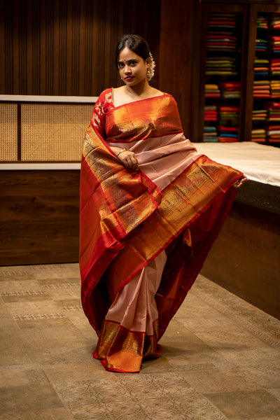 Pastel Pink and Red Pure Zari Kanjivaram Silk Sari - Clio Silks