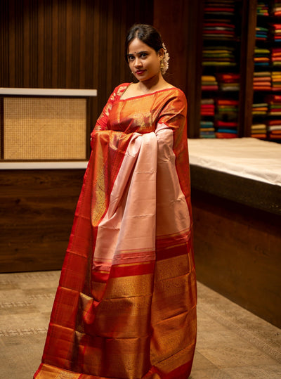 Pastel Pink and Red Pure Zari Kanjivaram Silk Sari - Clio Silks