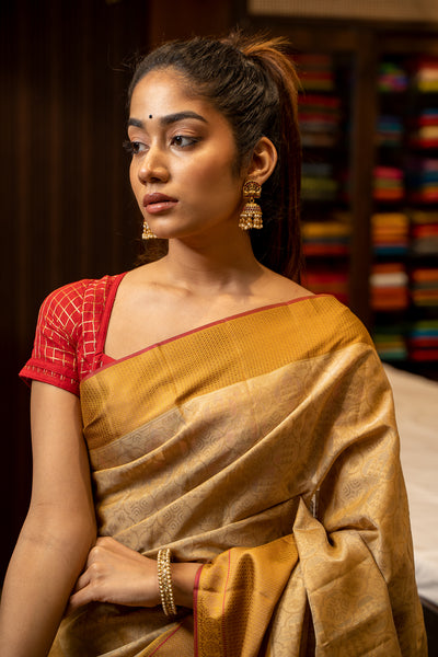 Gold Beige Without Zari Pure Kanjivaram Silk Sari - Clio Silks