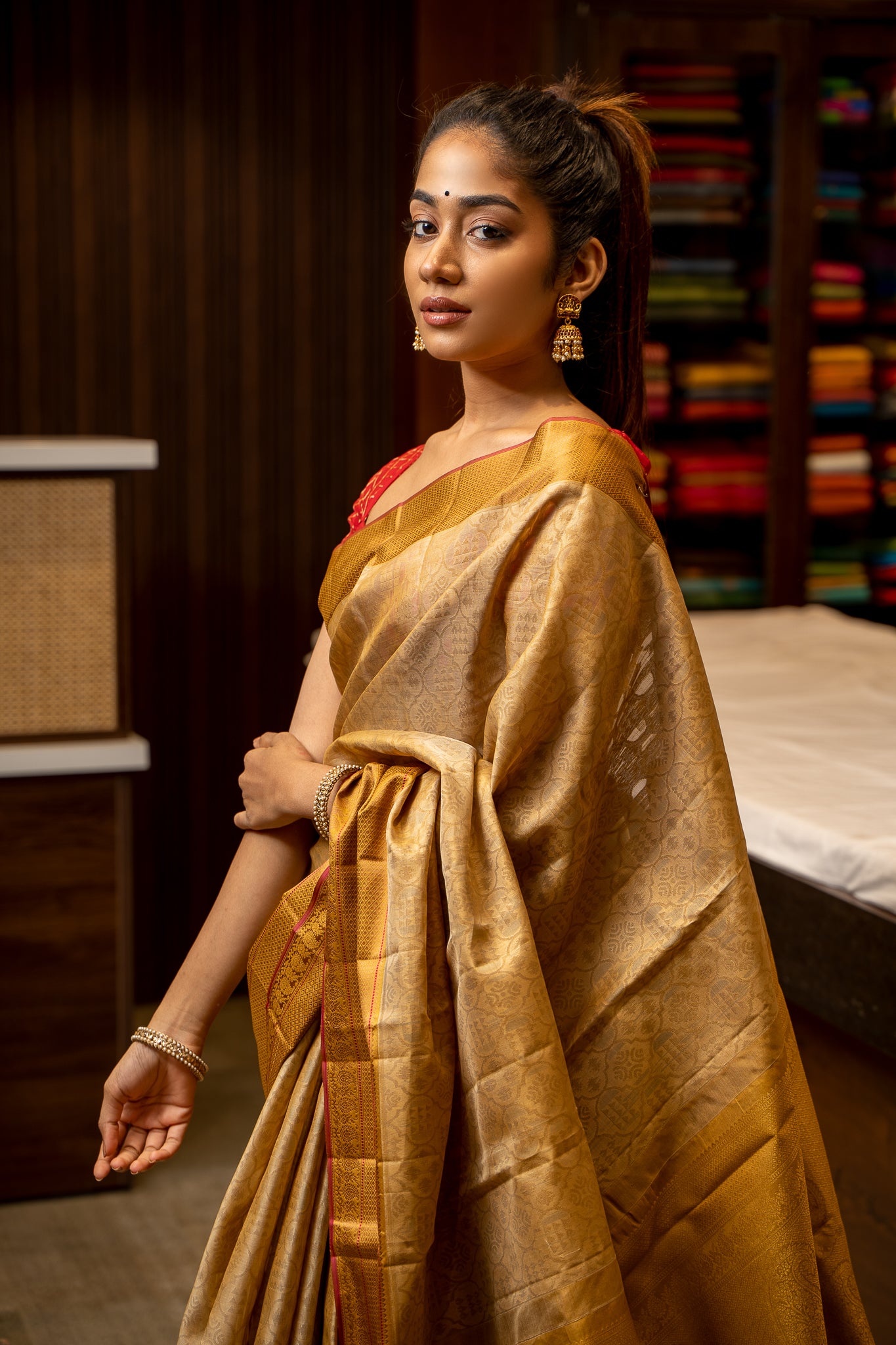 Gold Beige Without Zari Pure Kanjivaram Silk Sari - Clio Silks