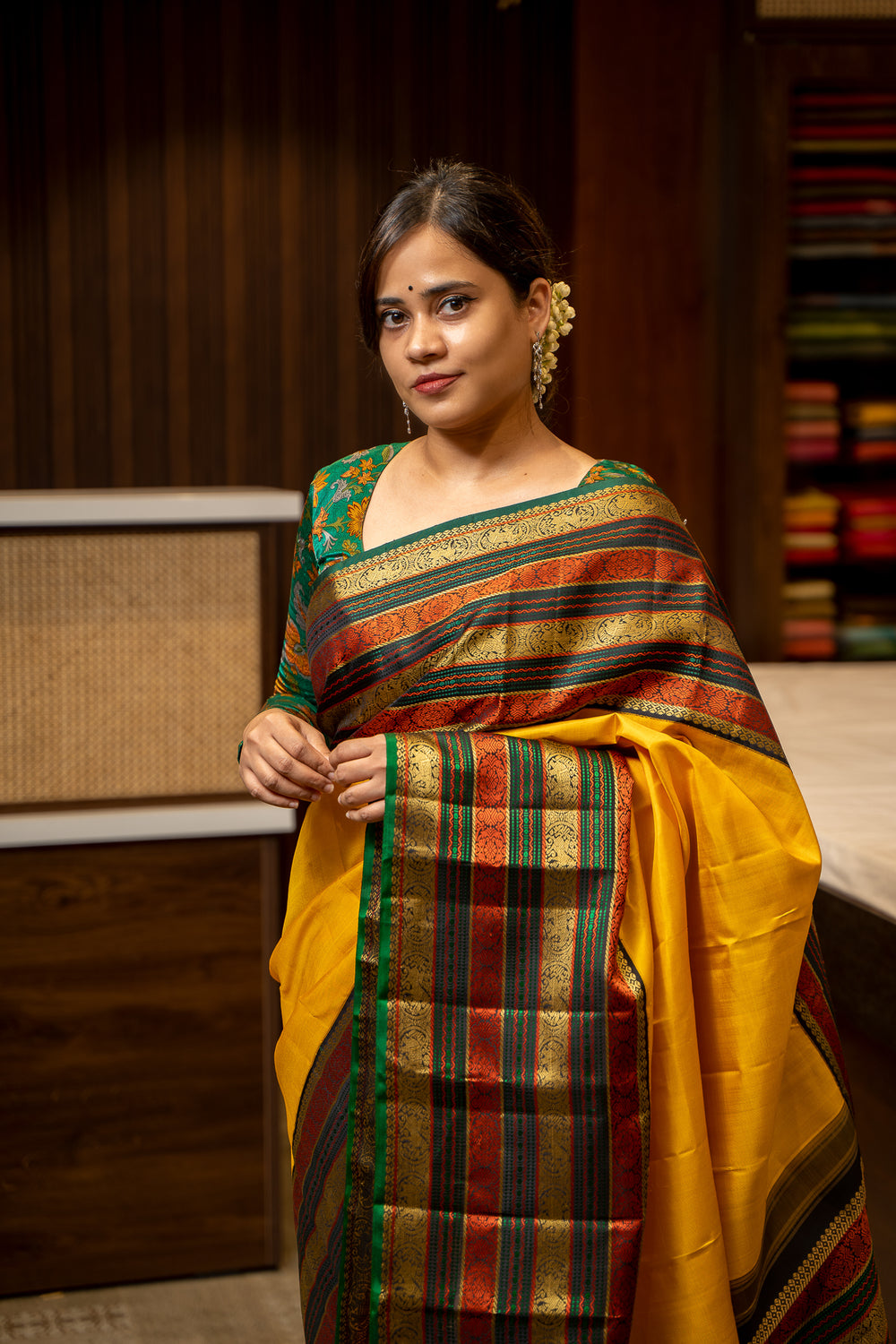 Sunflower Yellow No Zari Pattu Pettu Pure Kanjivaram Silk Sari - Clio Silks