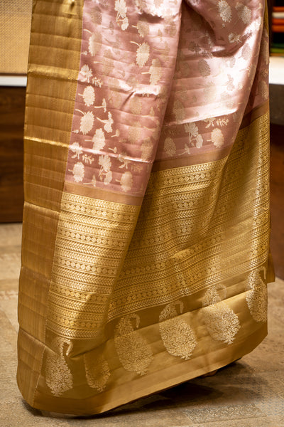 Rose Gold Floral Zari Brocade Pure Kanjivaram Silk Sari - Clio Silks