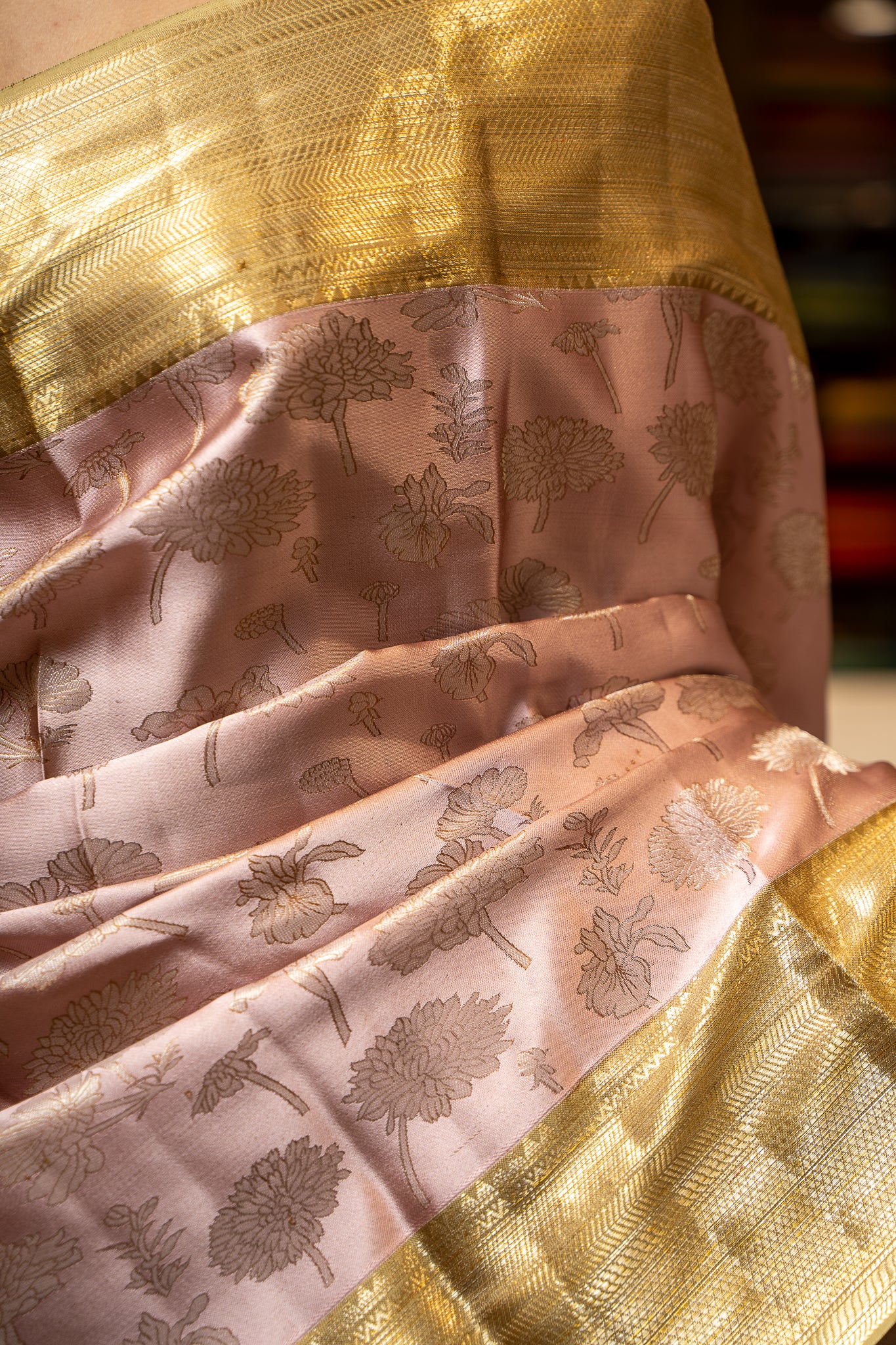 Rose Gold Floral Zari Brocade Pure Kanjivaram Silk Sari - Clio Silks
