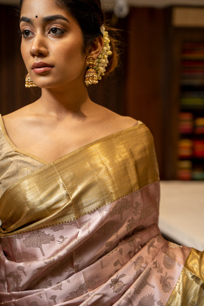 Rose Gold Floral Zari Brocade Pure Kanjivaram Silk Sari - Clio Silks