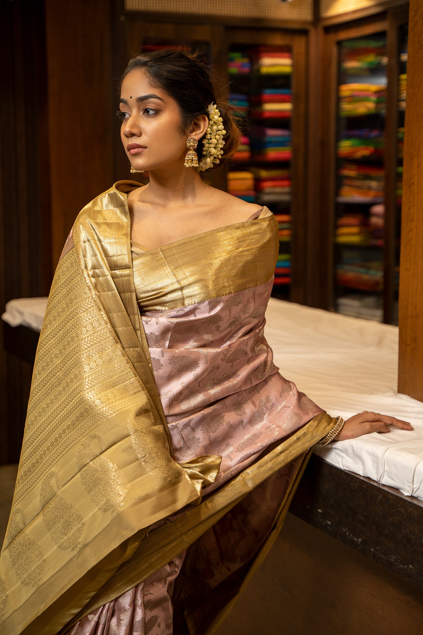 Rose Gold Floral Zari Brocade Pure Kanjivaram Silk Sari - Clio Silks