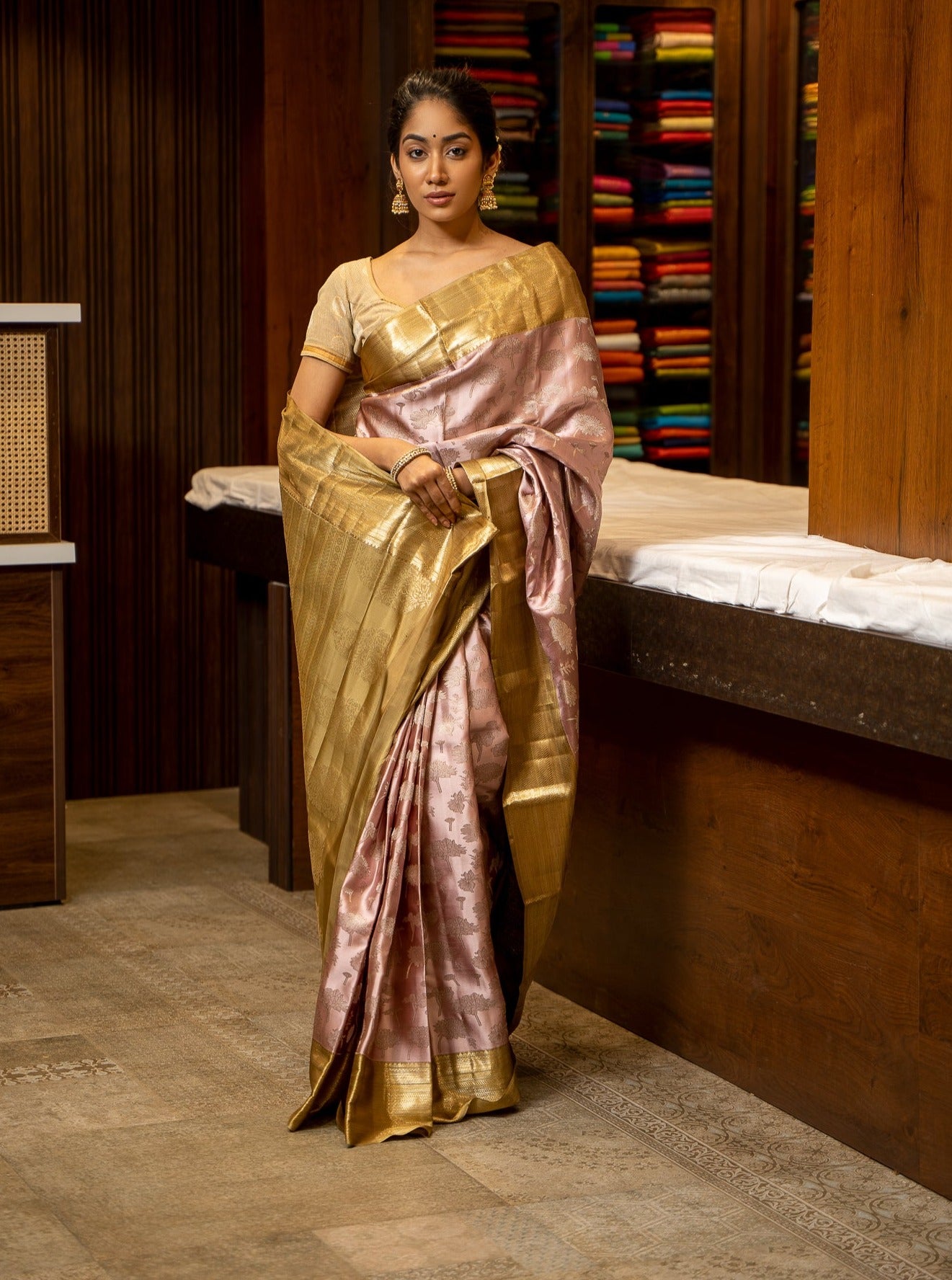 Rose Gold Floral Zari Brocade Pure Kanjivaram Silk Sari - Clio Silks