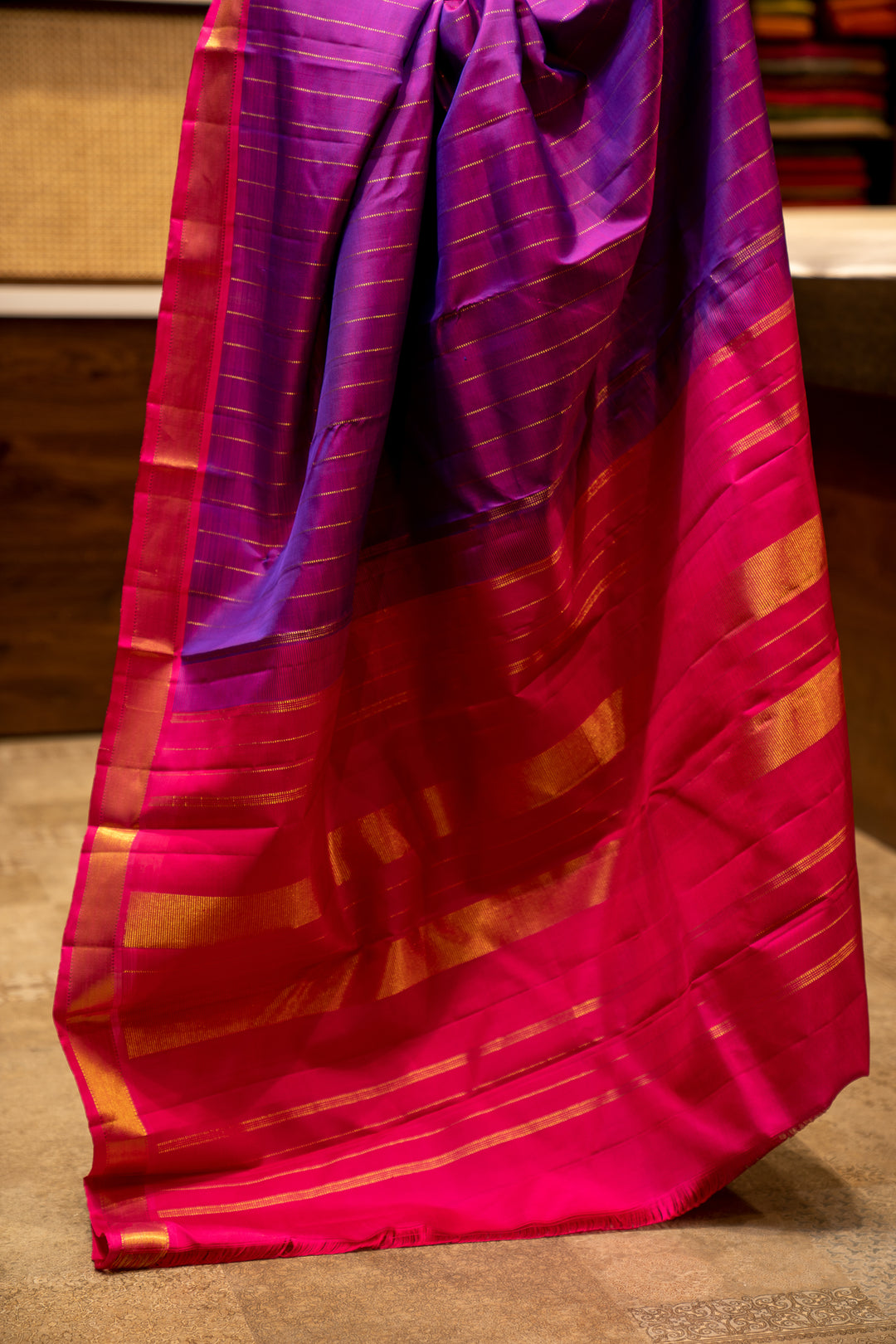 Purple Muthu Zari Stripes Pure Kanjivaram Silk Sari - Clio Silks