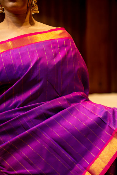 Purple Muthu Zari Stripes Pure Kanjivaram Silk Sari - Clio Silks