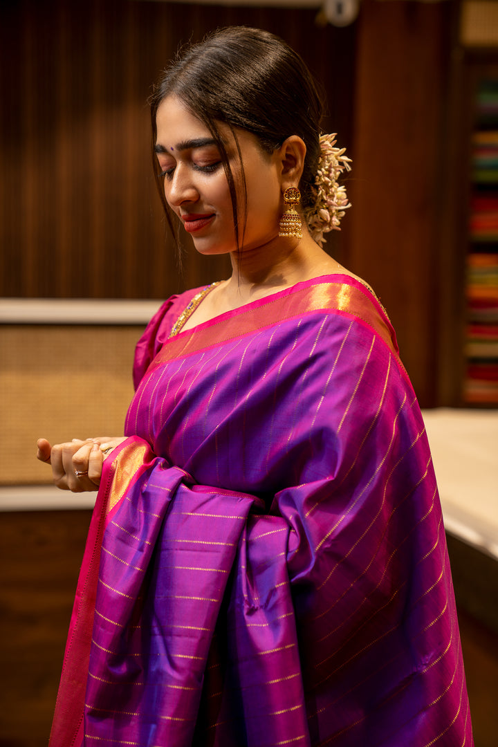 Purple Muthu Zari Stripes Pure Kanjivaram Silk Sari - Clio Silks