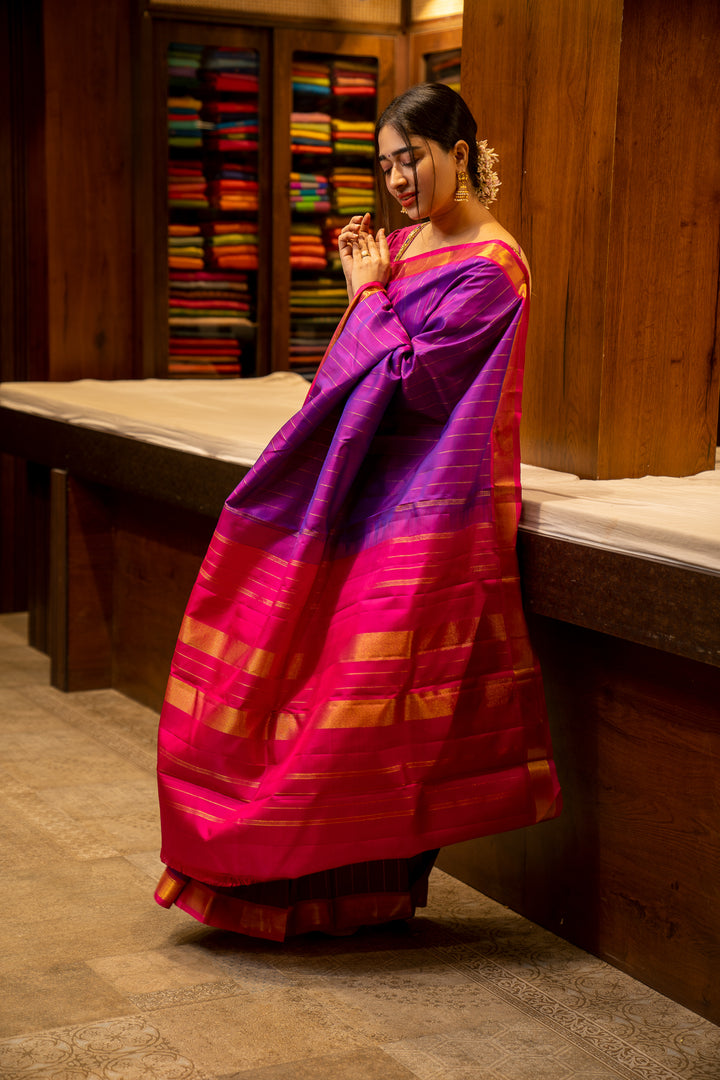 Purple Muthu Zari Stripes Pure Kanjivaram Silk Sari - Clio Silks