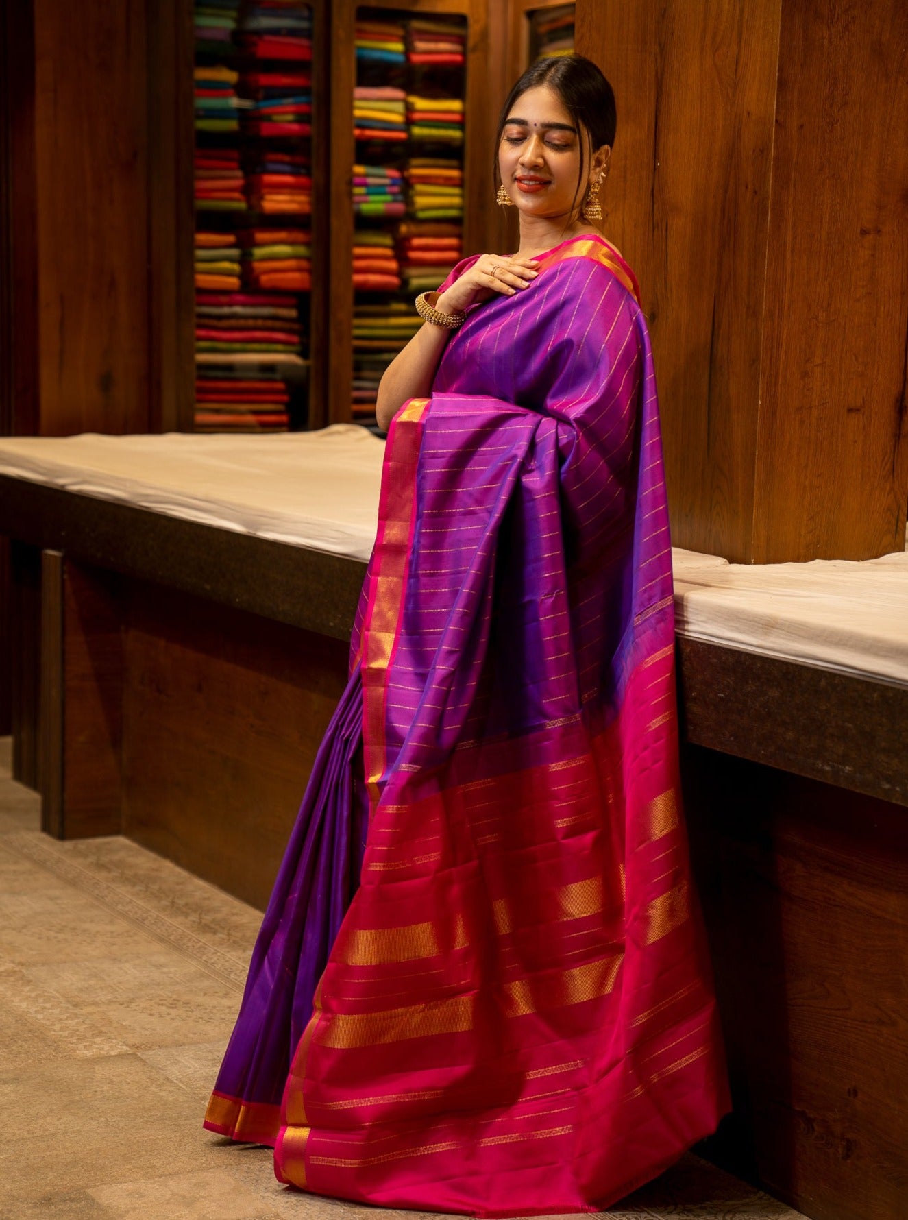 Purple Muthu Zari Stripes Pure Kanjivaram Silk Sari - Clio Silks