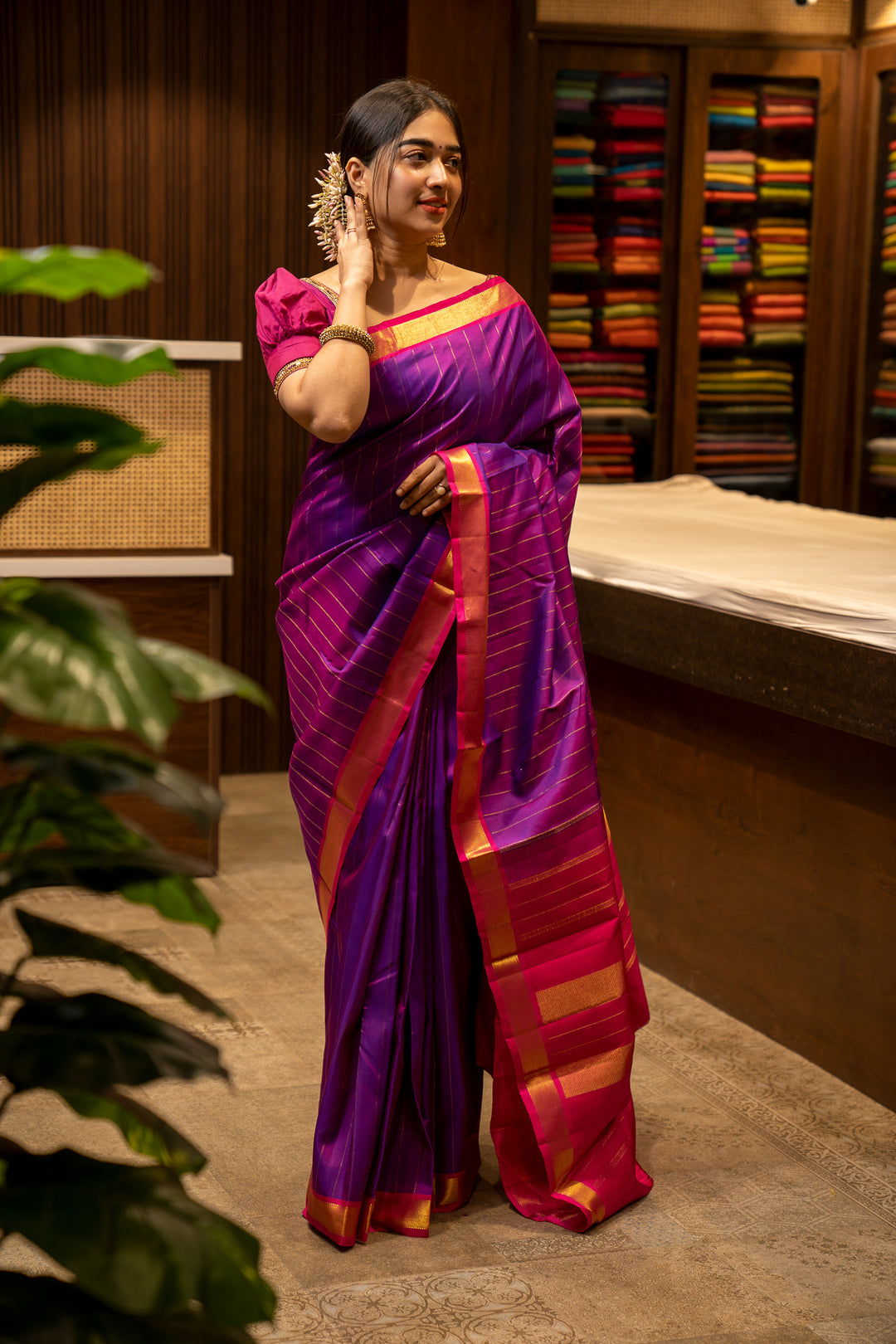 Purple Muthu Zari Stripes Pure Kanjivaram Silk Sari - Clio Silks