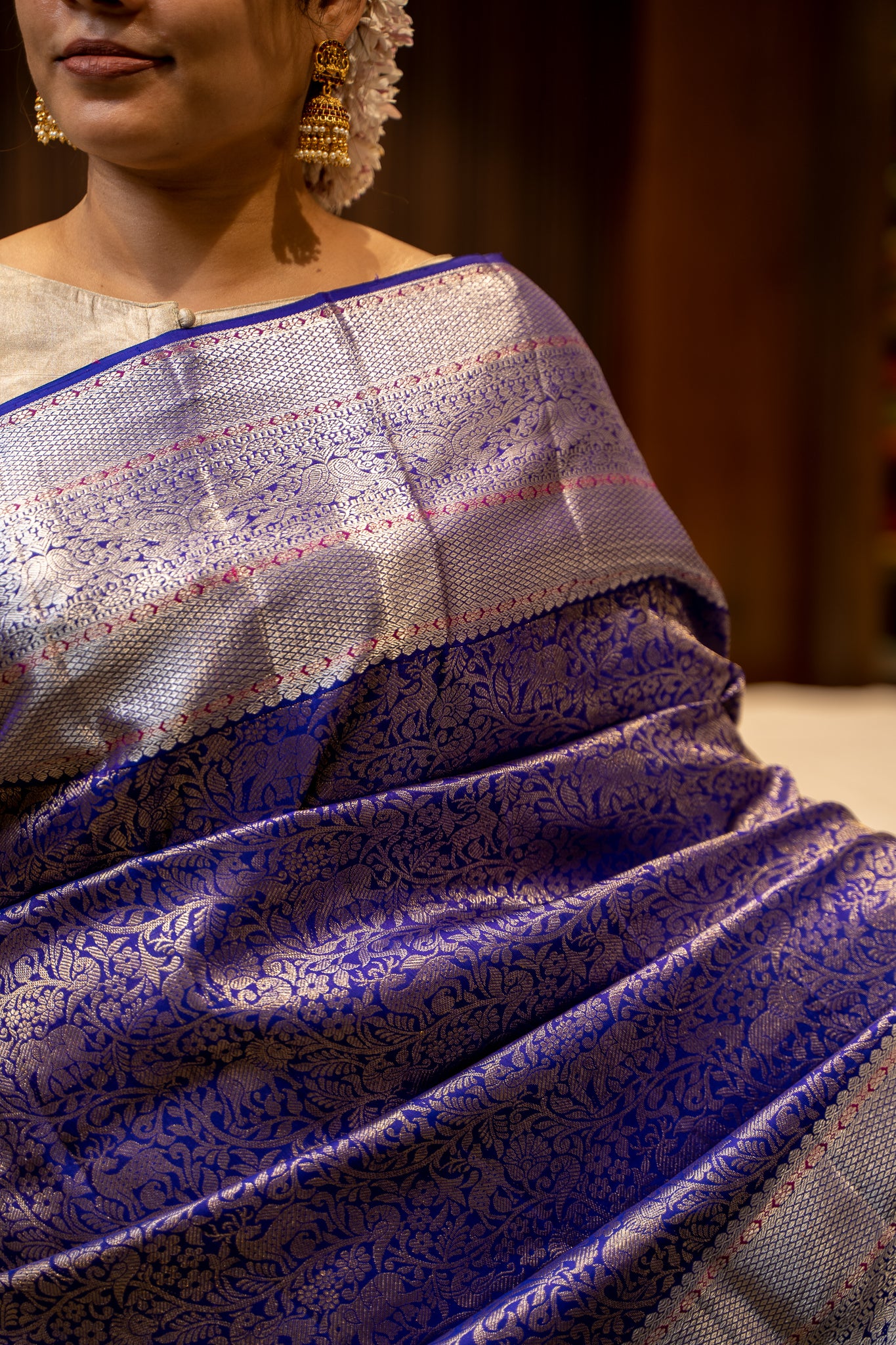 Regal Blue Vanasingaram Kanjivaram Silk Sari - Clio Silks