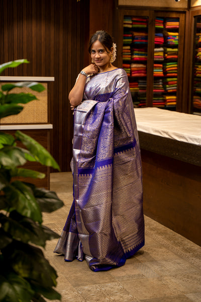 Regal Blue Vanasingaram Kanjivaram Silk Sari - Clio Silks