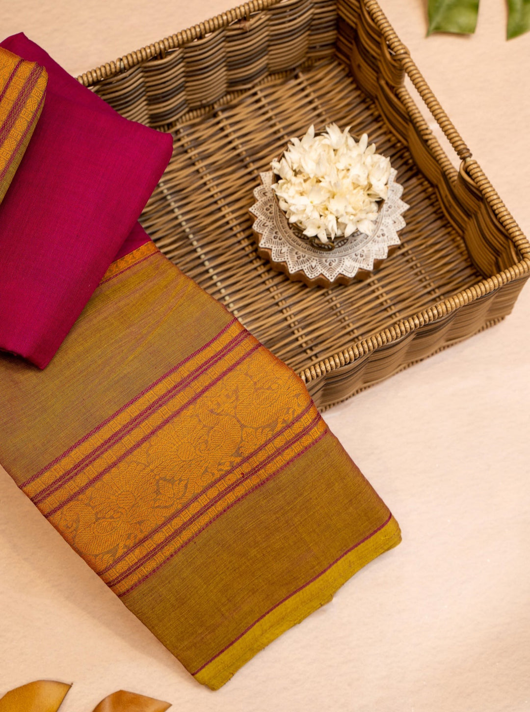 Magenta and Green Rettai Pettu Border Pure Kanchi Cotton Saree