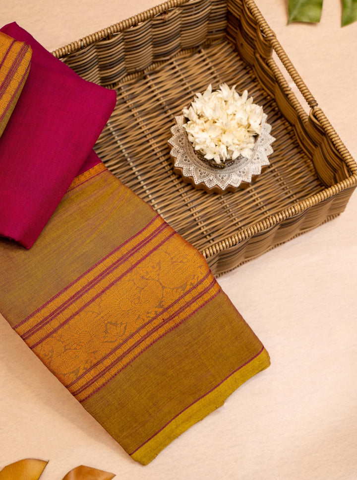 Magenta and Green Rettai Pettu Border Pure Kanchi Cotton Saree