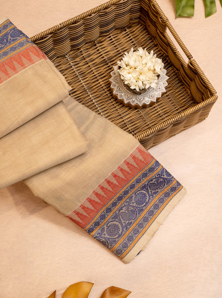 Beige and Blue Pure Kanchi Cotton Saree online