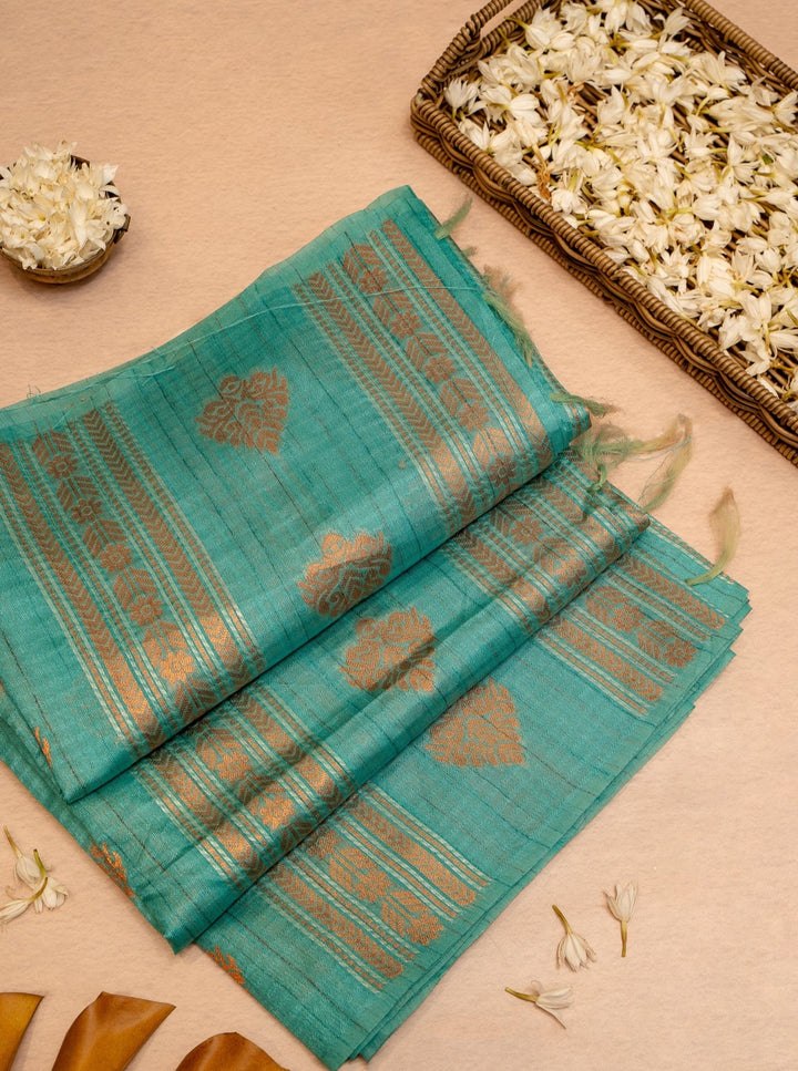 Cyan Blue Bhagalpur Tussar Sari - Clio Silks