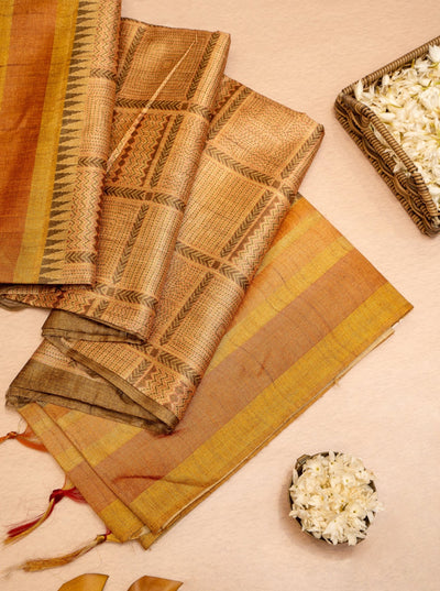 Yellow Big Checks Printed Bhagalpur Tussar Sari - Clio Silks