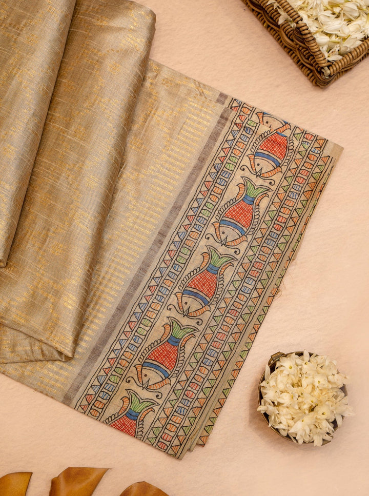 Pastel Green Madhubani Printed Tussar Sari - Clio Silks