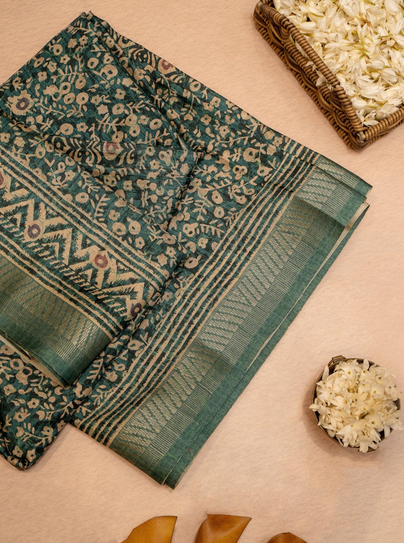 Green Ajrakh Printed Bhagalpur Tussar Sari - Clio Silks