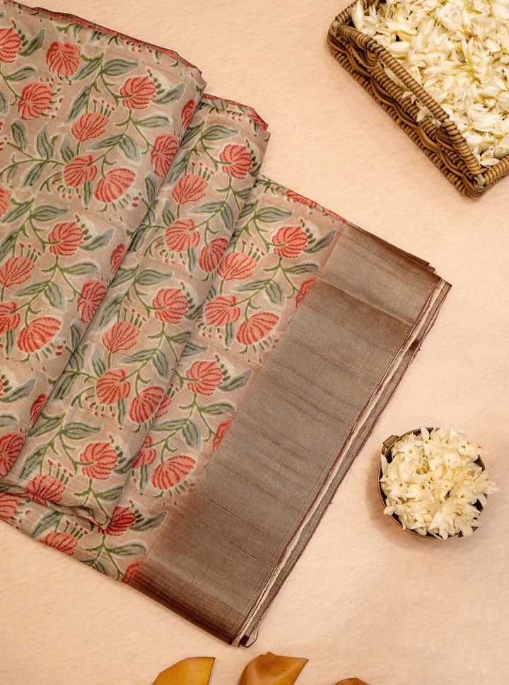 Beige Floral Printed Bhagalpur Tussar Sari - Clio Silks
