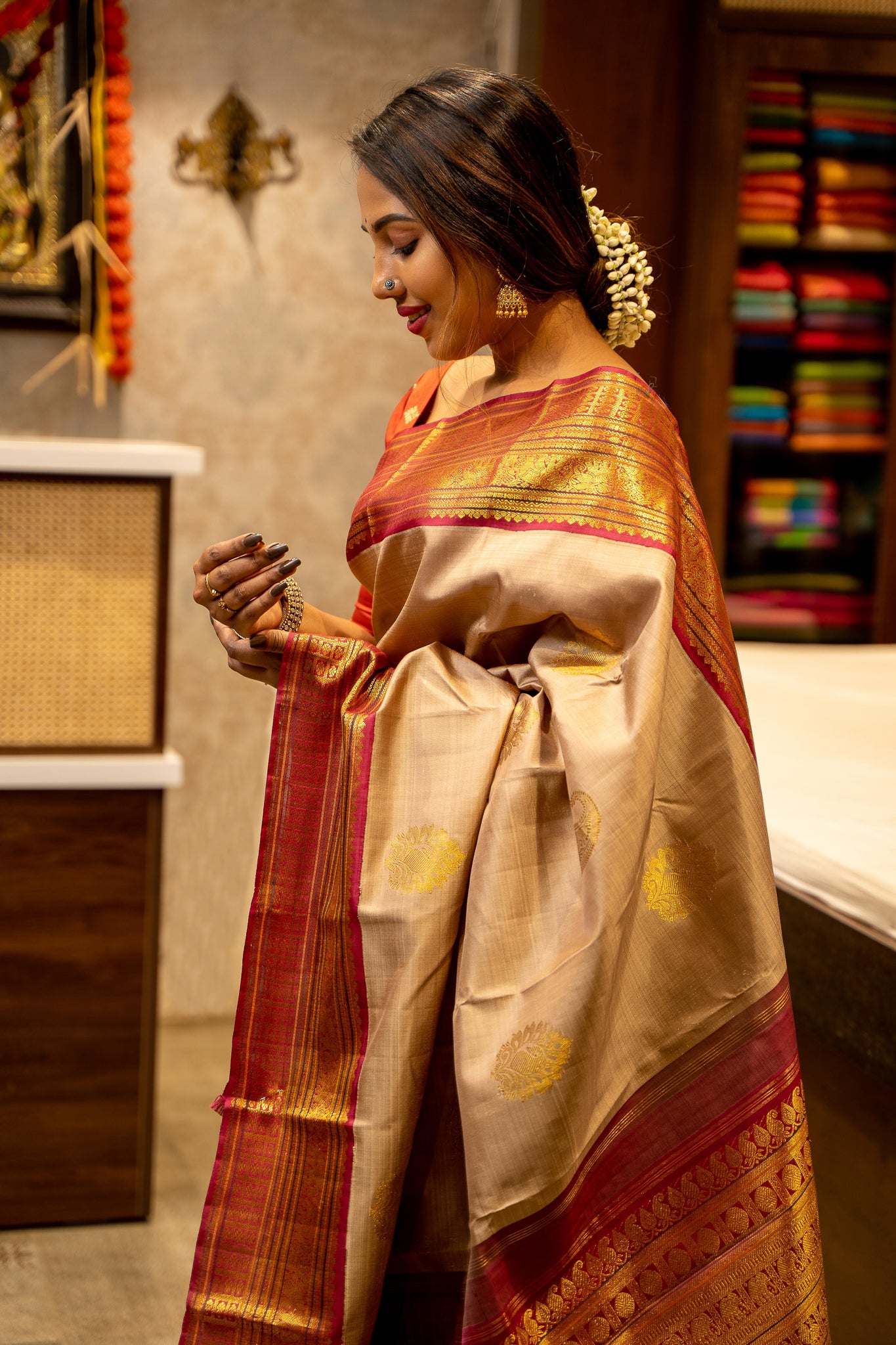 Sand Beige and Magenta Traditional Pure Kanjivaram Silk Sari - Clio Silks