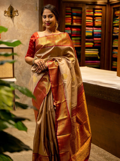 Sand Beige and Magenta Traditional Pure Kanjivaram Silk Sari - Clio Silks