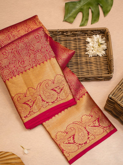 Rani Pink Paisley Zari Brocade Pure Kanjivaram Silk Sari - Clio Silks