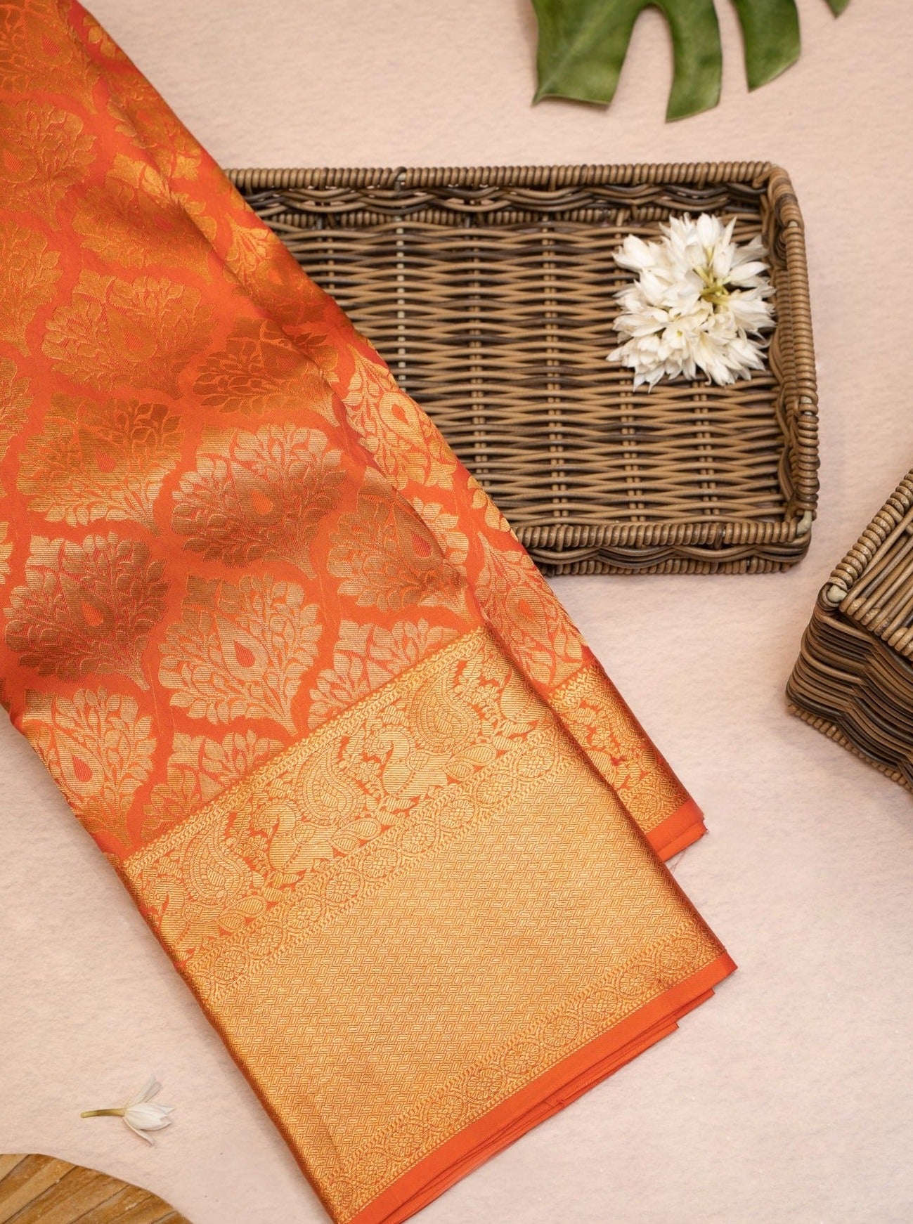 Peach Orange Thilakam Brocade Pure Kanjvaram Silk Sari - Clio Silks