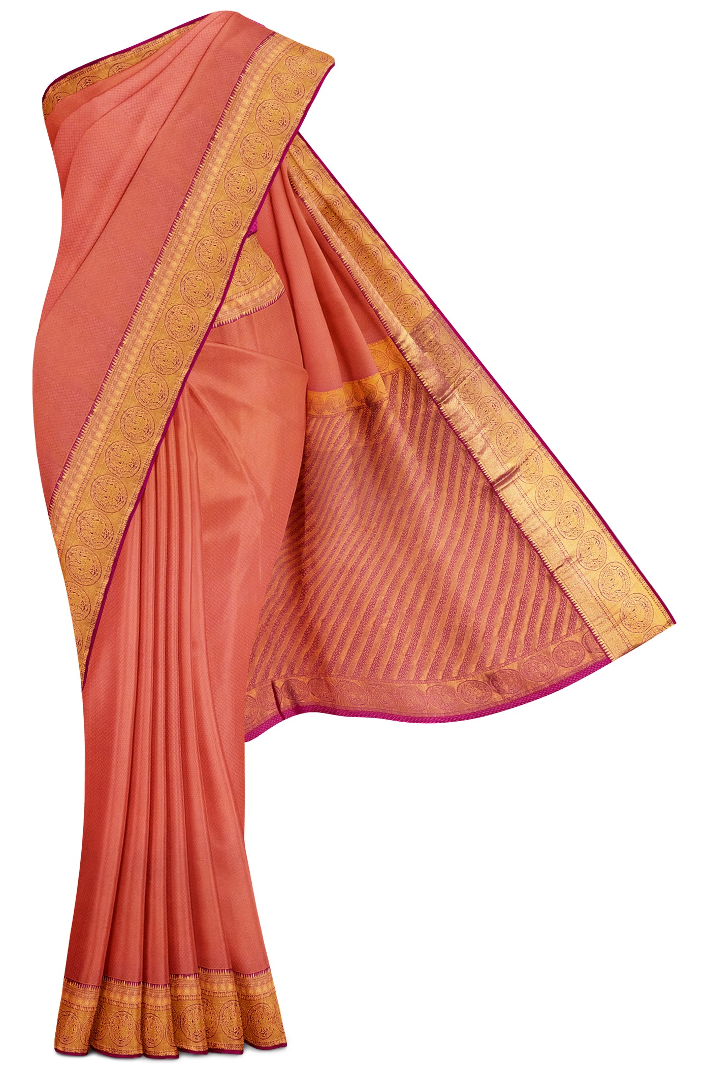 Mustard and Peach Jacquard Traditional Kanjivaram Silk Saree - Clio Silks