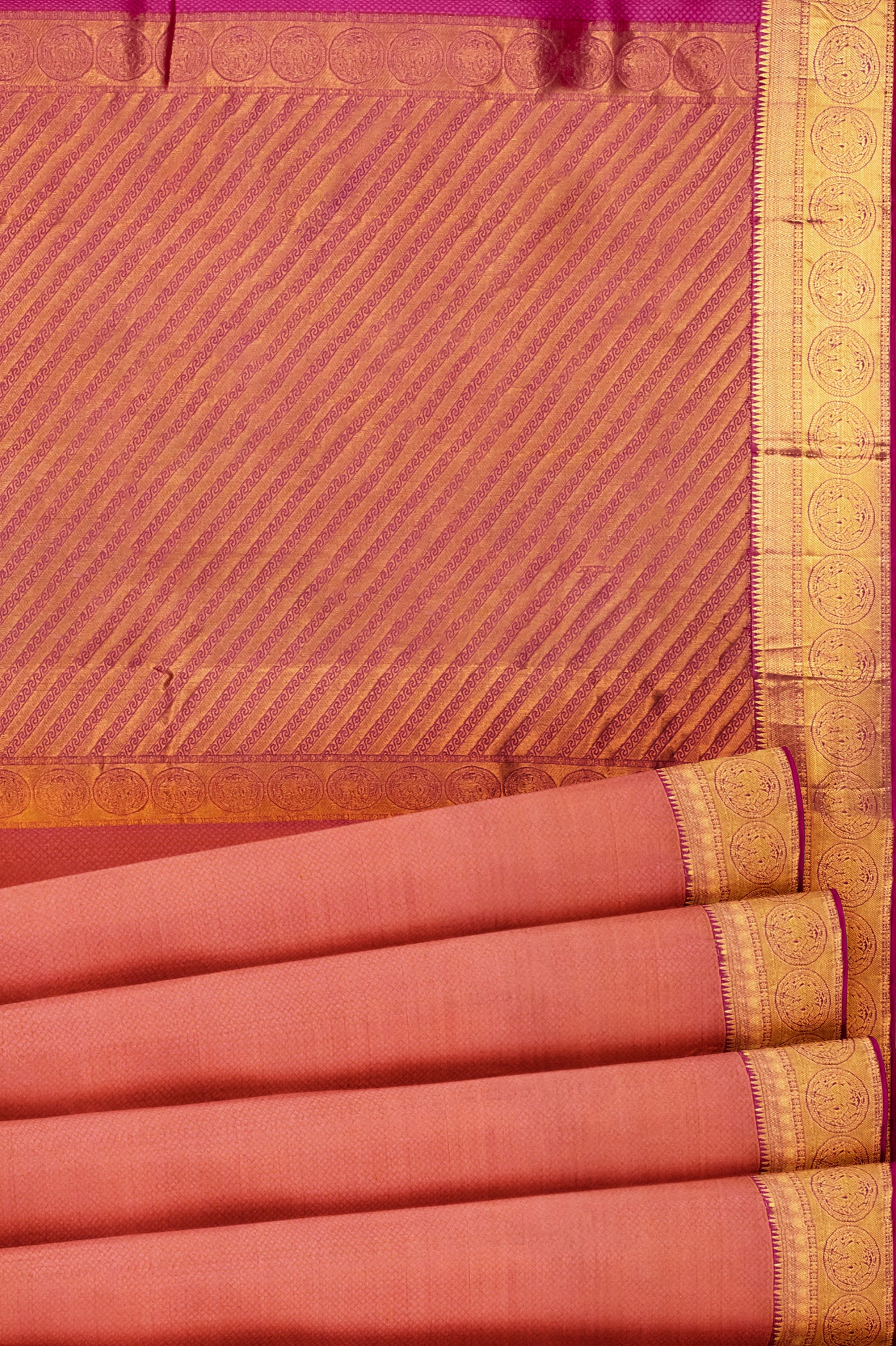 Mustard and Peach Jacquard Traditional Kanjivaram Silk Saree - Clio Silks
