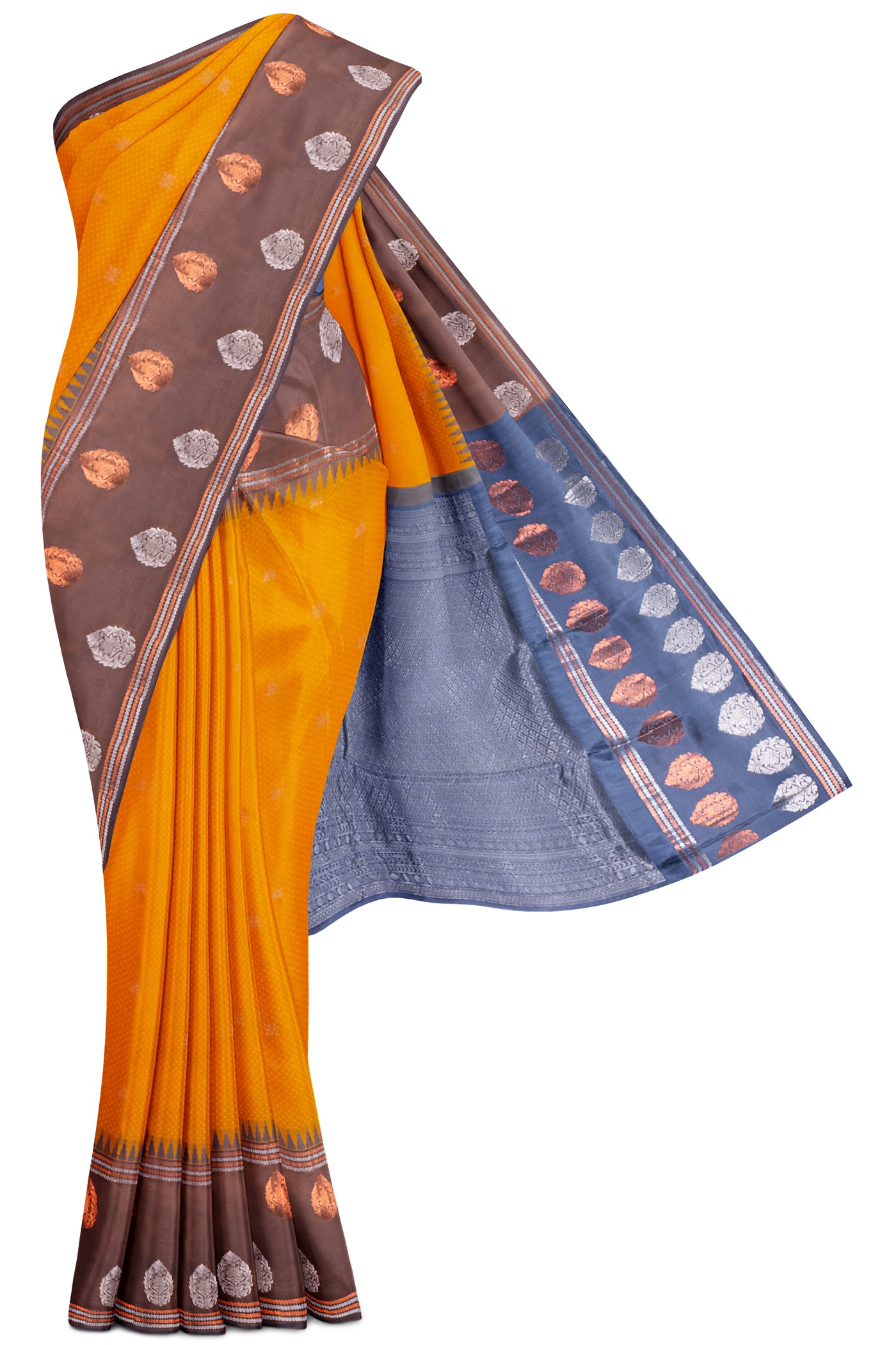 Mango Yellow Jacquard Kanjivaram Silk Saree with Copper Thilakam Border - Clio Silks