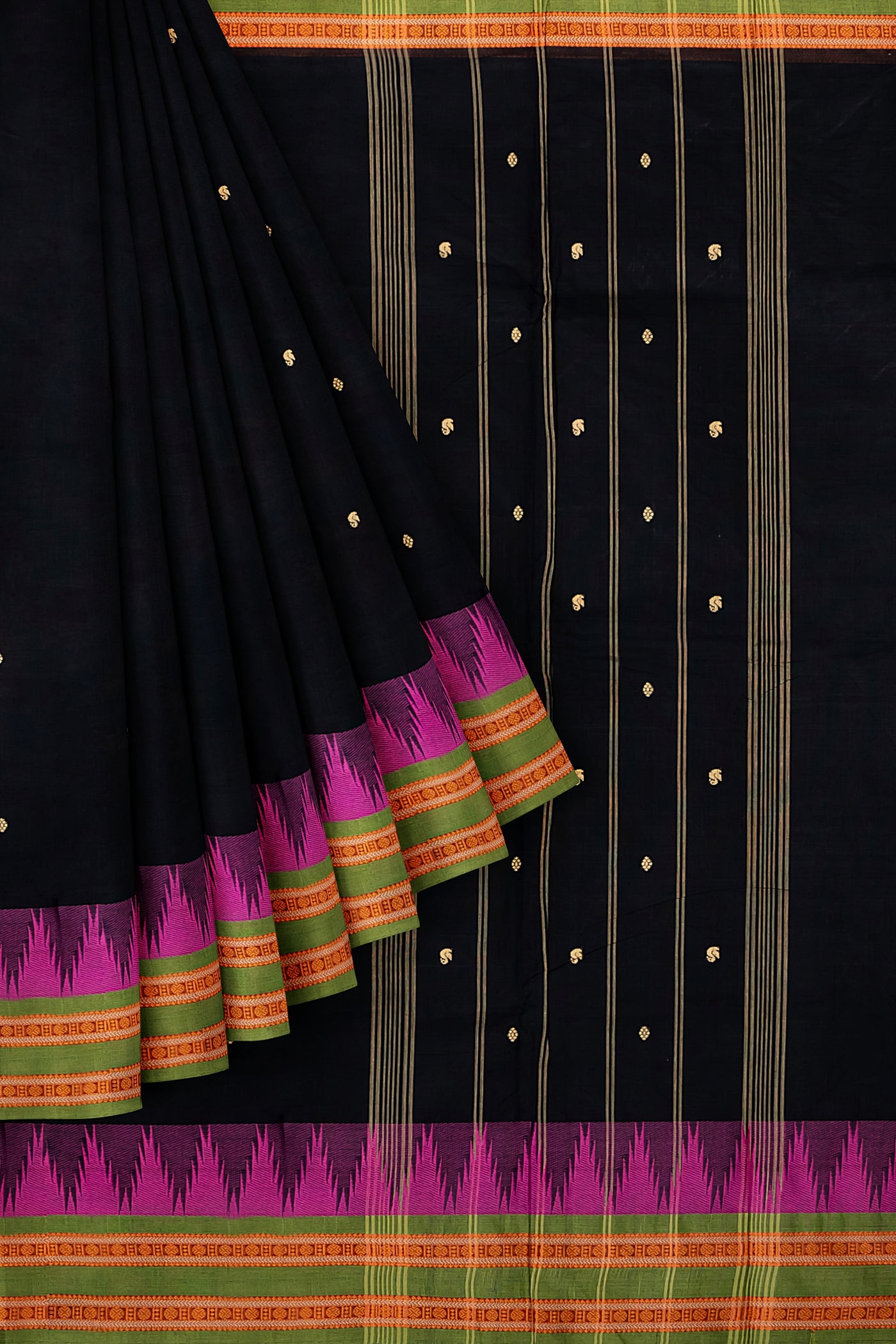 Black and Pink Pure Kanchipuram Cotton Saree - Clio Silks
