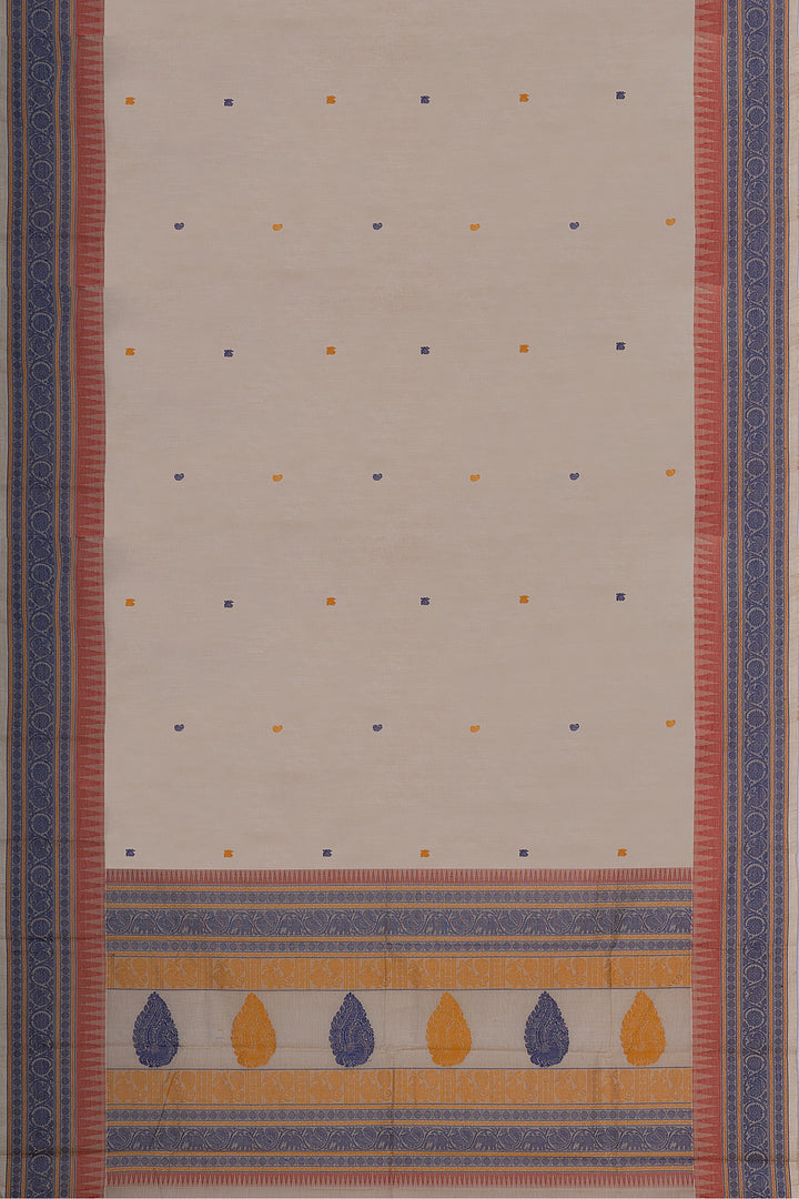 Light Fawn Thread Motifs Pure Kanchipuram Cotton Saree - Clio Silks