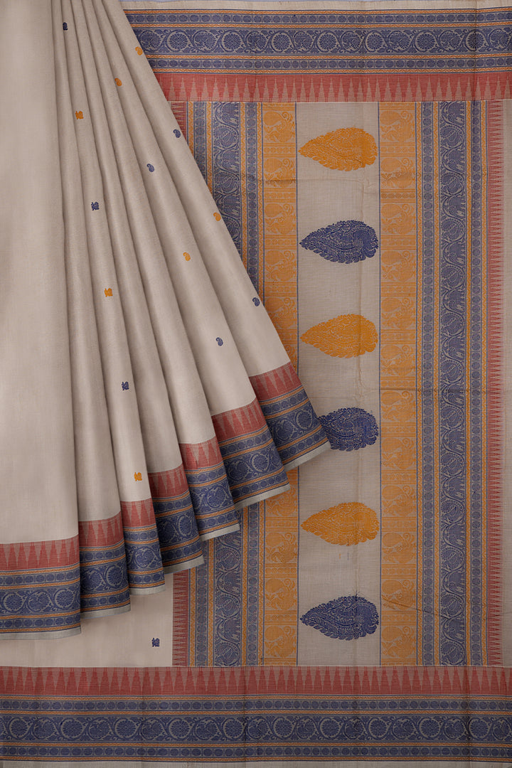 Light Fawn Thread Motifs Pure Kanchipuram Cotton Saree - Clio Silks