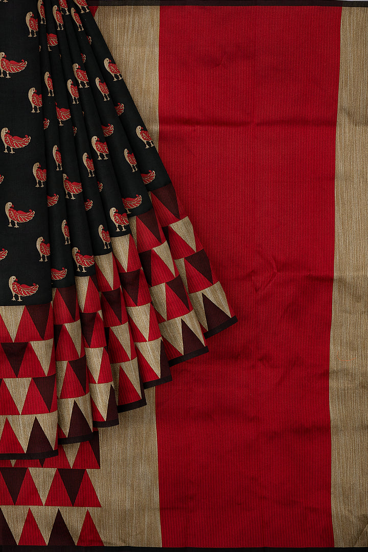 Black and Red Bird Motifs Banaras Saree - Clio Silks