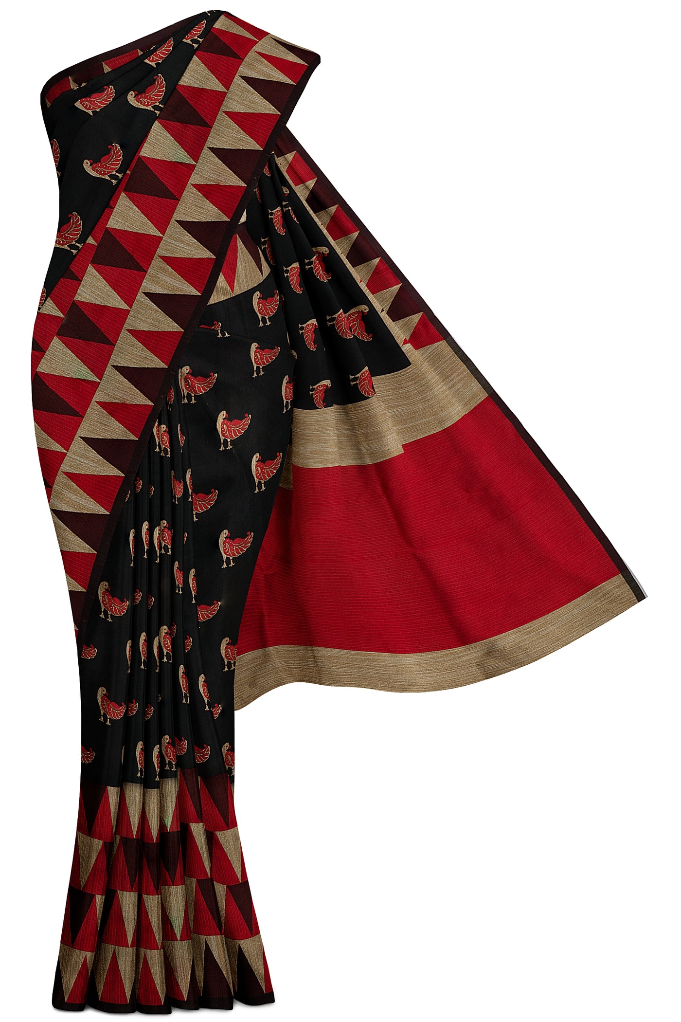 Black and Red Bird Motifs Banaras Saree - Clio Silks