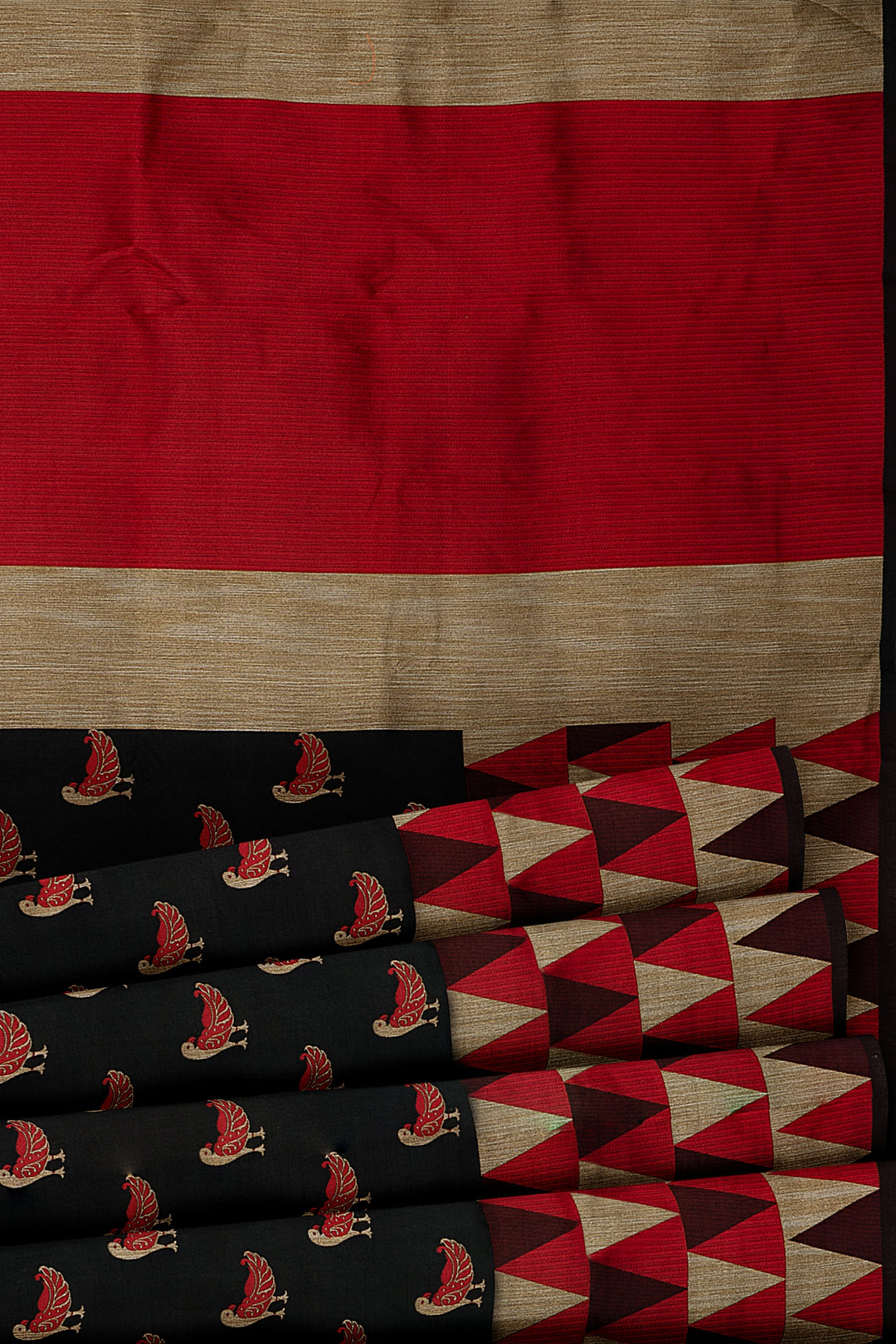 Black and Red Bird Motifs Banaras Saree - Clio Silks